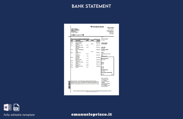 modello Excel di estratto conto bancario dello Yorkshire del Regno Unito in stil